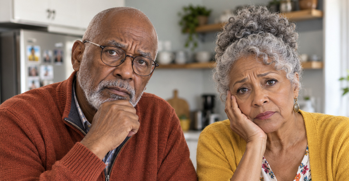 AI-generated image of a retired couple worried about rising costs.