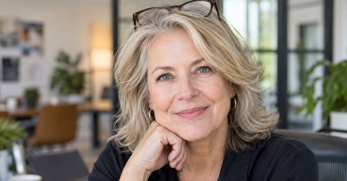 Confident, smiling middle-aged businesswoman with glasses